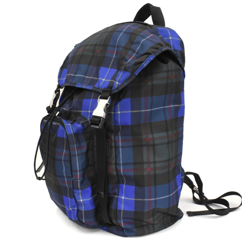 Prada Testo Nylon Rucksack Tartan Triangle Backpack Blue Multicolor